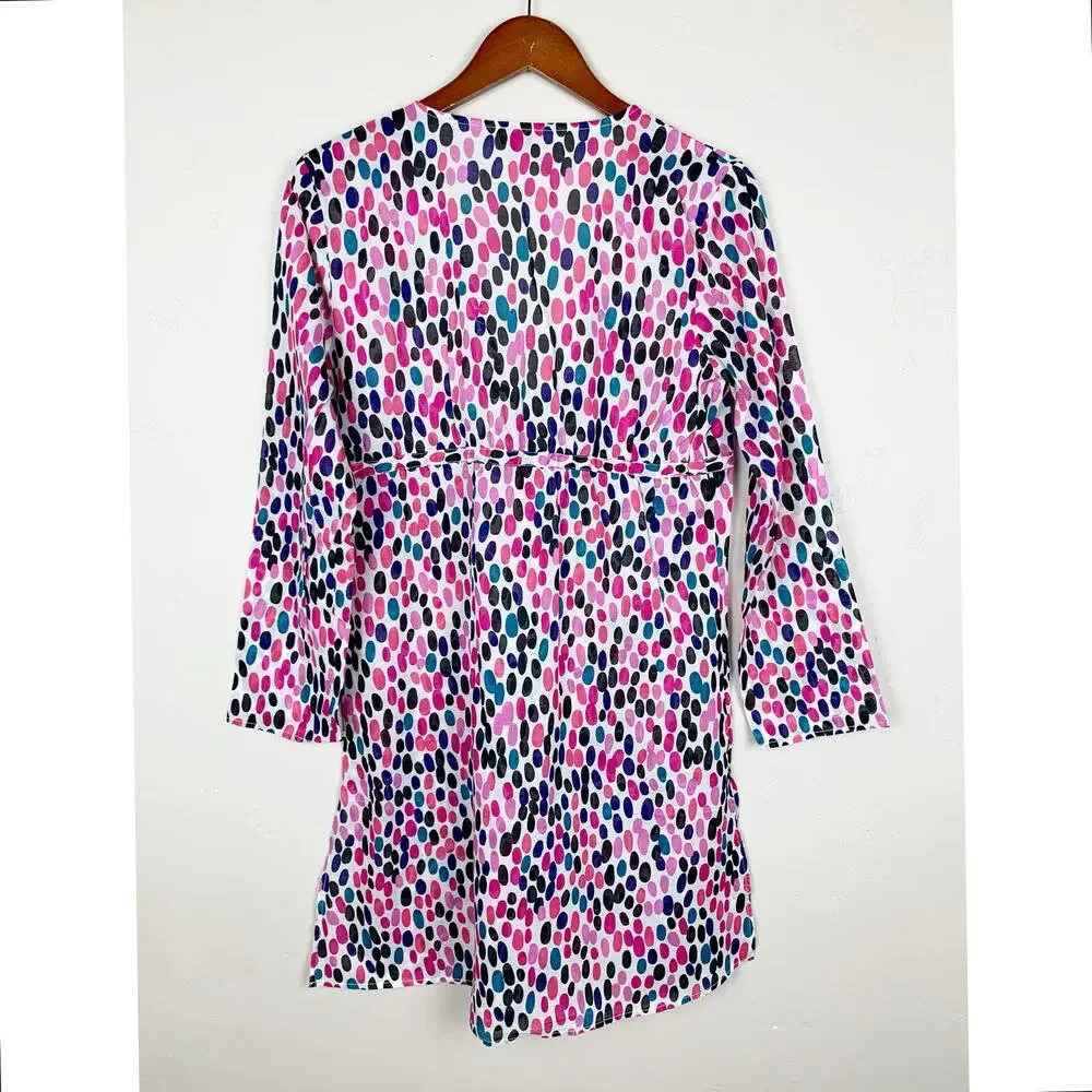 Talbots Cover Up White Pink Spotted Cotton Long Sleeve Tie Front Tunic Women's M